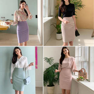 韩国西装紫色半身裙女春秋薄款高腰修身OL包臀一步裙职业工装短裙