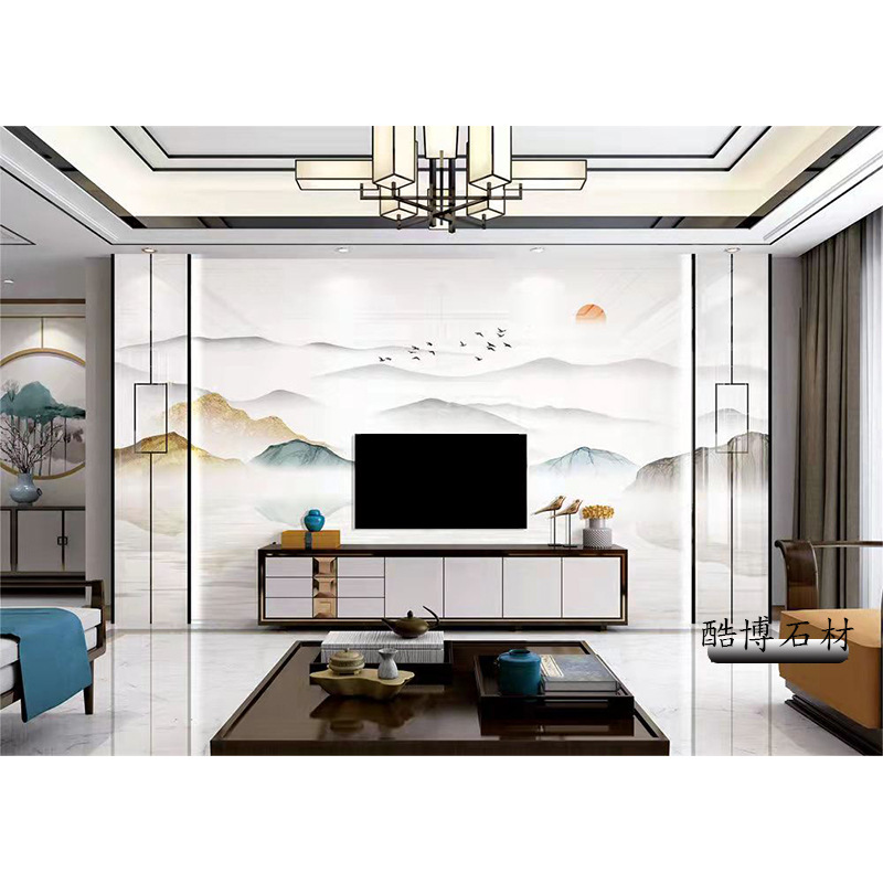 新中式石材微晶石岩板电视背景墙瓷砖岩板简约沙发墙大理石造型