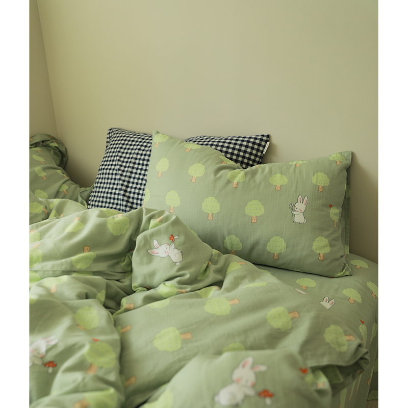 馍馍丨绿树小糕兔 可爱兔年宿舍纯棉双层纱小众床单被套床笠1.2米