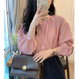 粉色条纹衬衫女春秋2023新款韩版设计感小众灯笼袖上衣甜美风衬衫