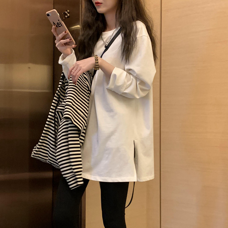 秋冬加绒tda简约韩白色恤t女版冬款宽松开叉中长上衣长袖打底衫大