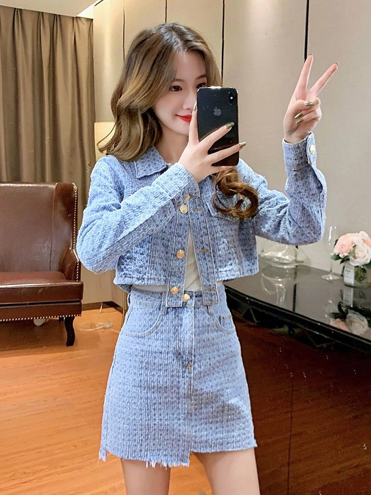 炸街牛仔套装裙女2022新款春秋法式高级感时尚小众穿搭短裙两件套