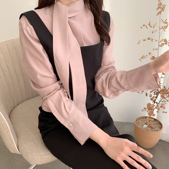 设计感绑带衬衫+背带俢身连衣裙套装