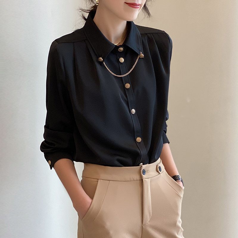 欧洲站黑色高端衬衫女设计感小众2021秋新款长袖雪纺衬衣职业上衣