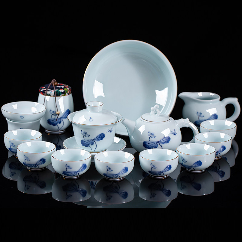 景德镇陶瓷功夫茶具套装家用品手绘高级青花瓷办公室会客组合茶杯