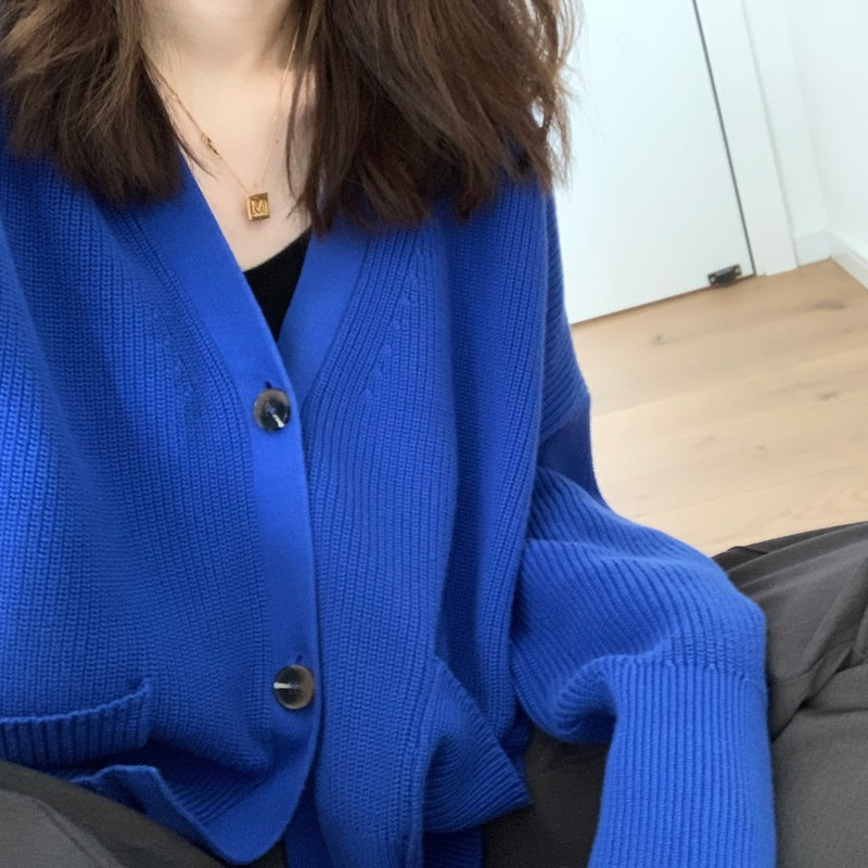 克莱因软奶蓝色针织开衫上衣女宽松慵懒风软糯系毛衣外套秋冬加厚