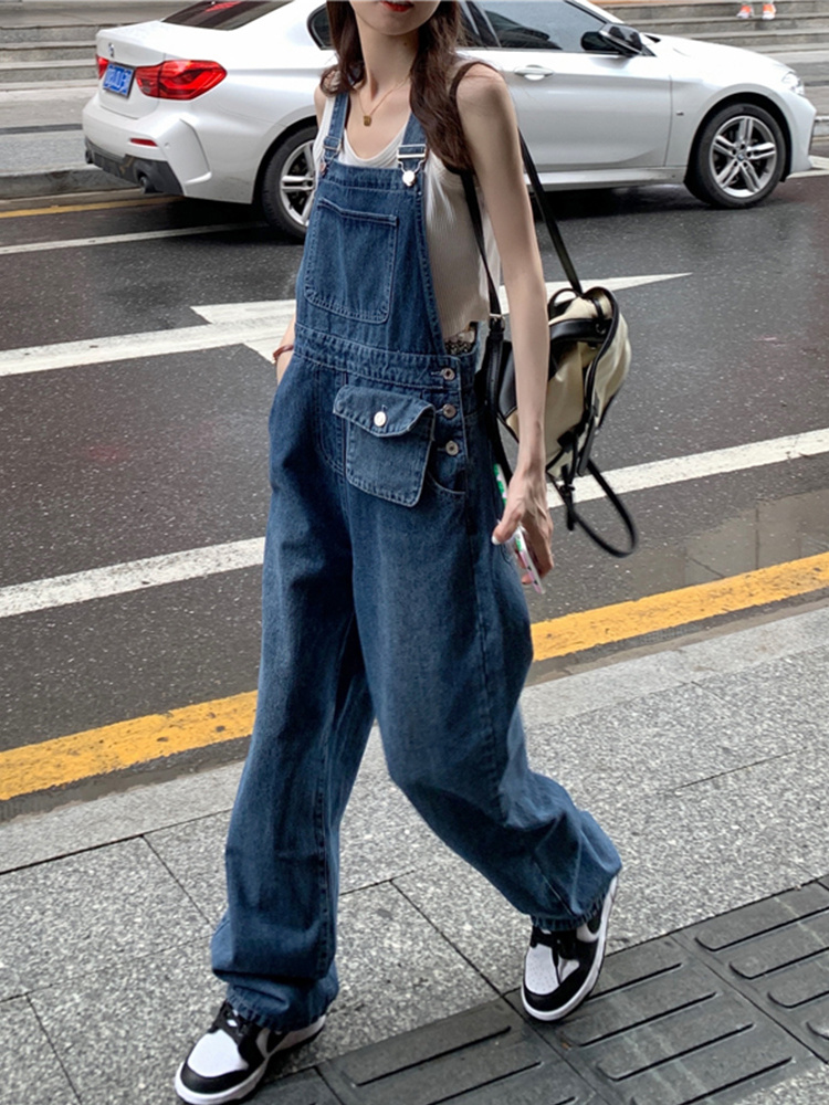 牛仔背带裤女春季2022新款韩版宽松高腰阔腿小个子拖地长裤工装裤