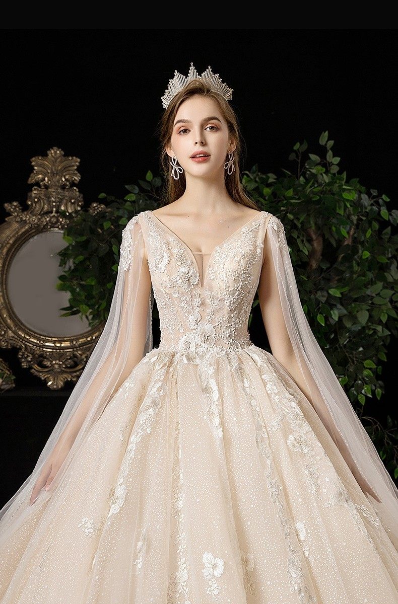 出租女王披风大气主婚纱订婚结婚长拖尾星空闪酒店迎宾纱室内纱