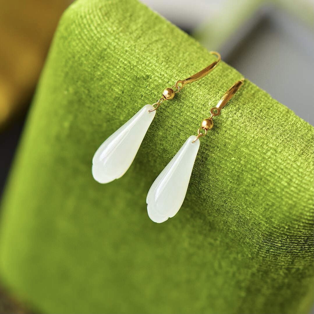 天然新疆和田白玉玉兰花金珠耳坠18k金镶嵌原创设计耳钩耳环耳饰