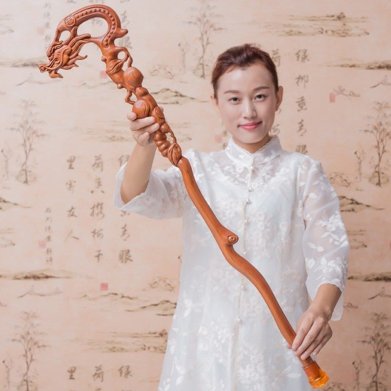 桃木雕刻龙头拐杖长佘太君大号龙头手杖权杖戏曲用品祝寿贺寿