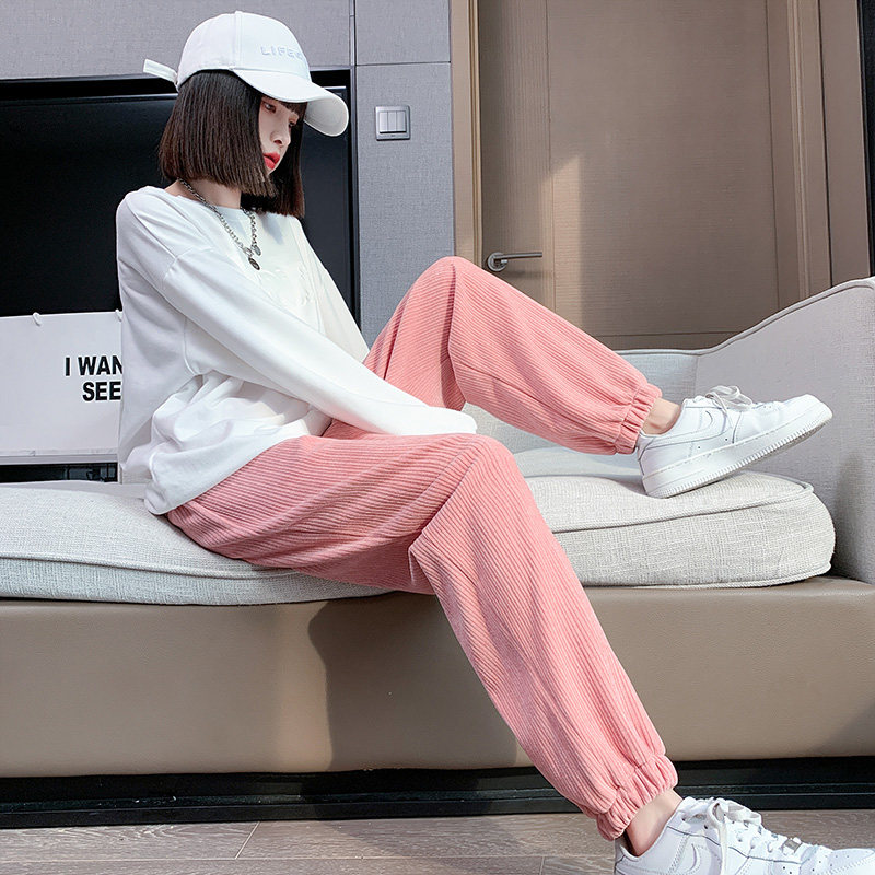 灯芯绒裤子女秋冬2021新款雪尼尔粉色加绒加厚宽松束脚休闲运动裤