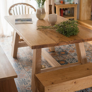 北欧实木餐桌饭厅原木色长方形吃饭桌子K家用长条多人餐桌椅组合