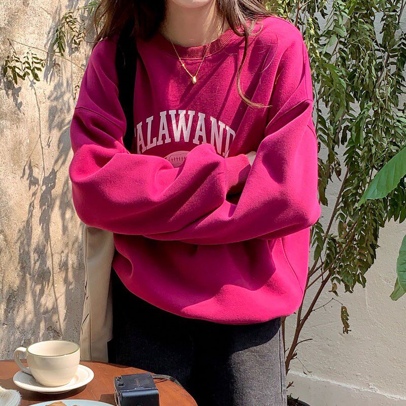 火龙果色卫衣高街vibe风秋冬加绒加厚圆领套头上衣女字母印花外套