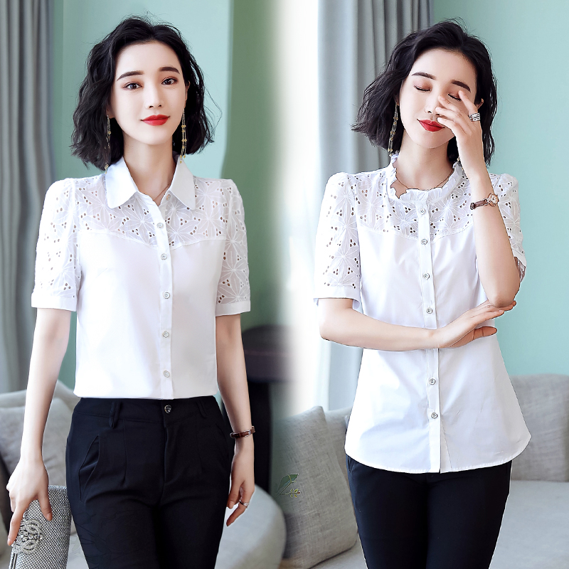 2024新款白色衬衫女洋气韩版时尚百搭职业装纯棉短袖衬衣女夏季