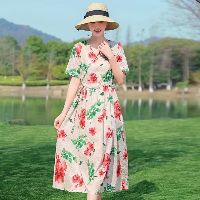 女大码短袖修身印花连衣裙文艺气质长裙子ladies printed dress