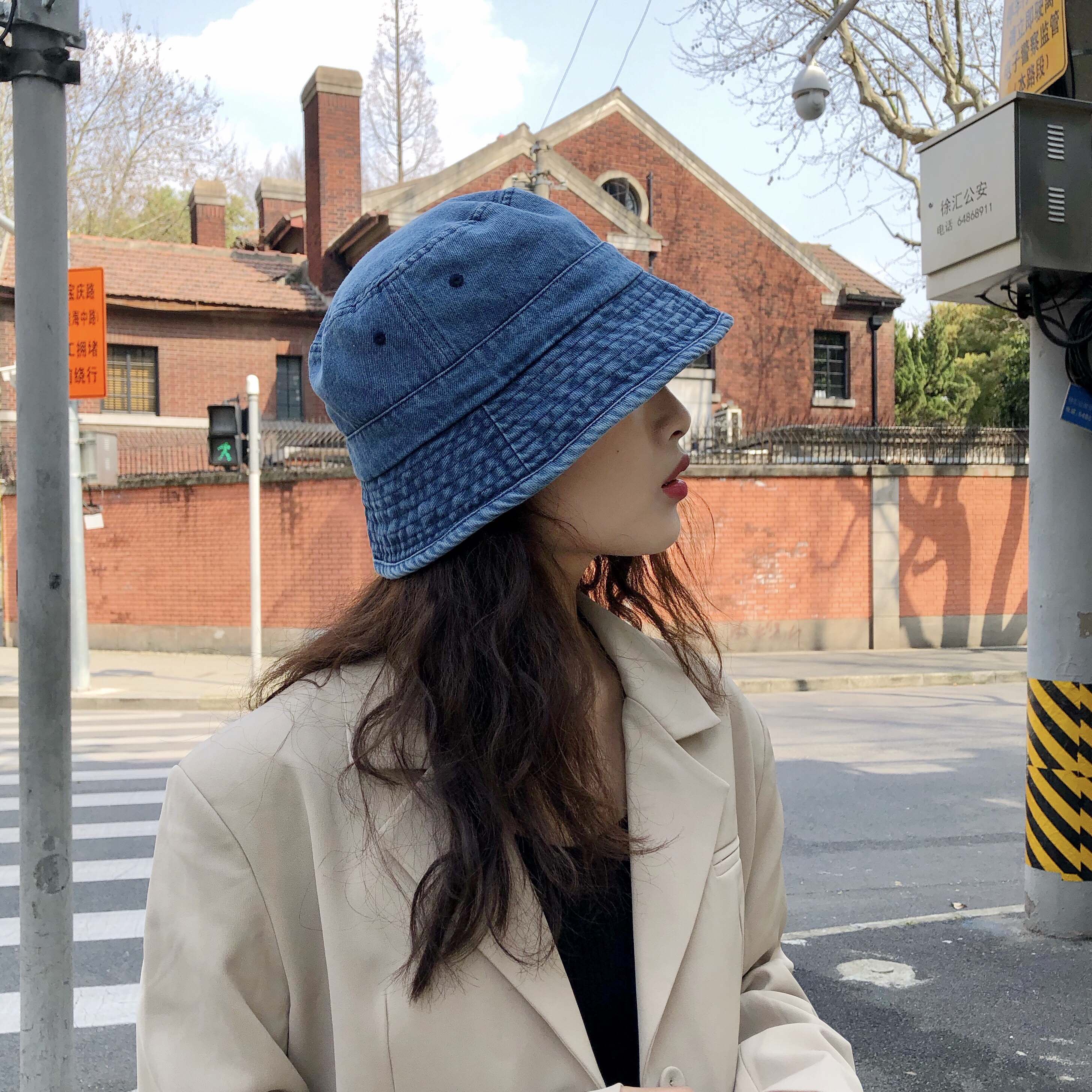 复古港风牛仔渔夫帽女早春夏季防晒盆帽子韩版潮百搭素颜水桶帽男