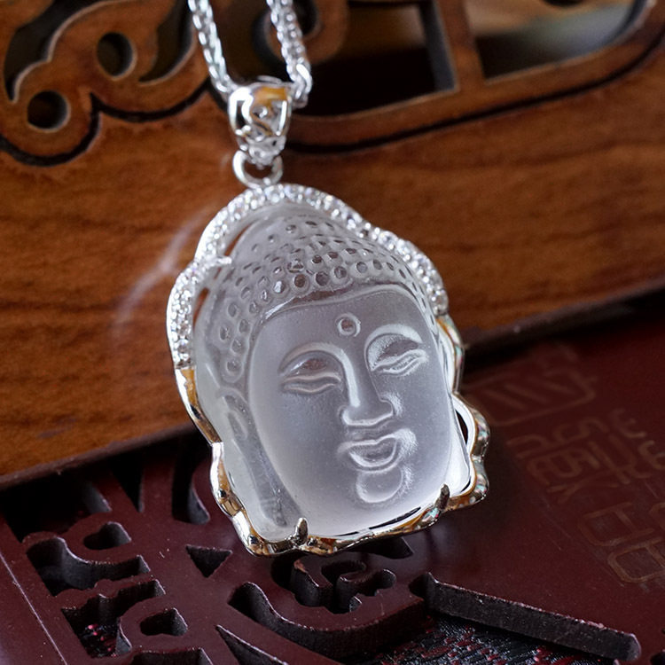 天醉释迦摩尼925纯银镀18k金天然白水晶佛头保平安项链女佛公吊坠