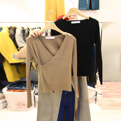 韩版2016秋冬新款气质纯色V领修身显瘦打底长袖针织上衣女