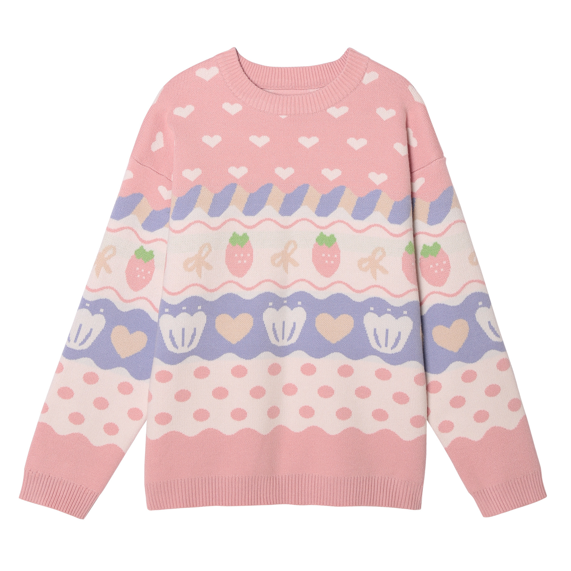 日系学院风可爱草莓提花粉色小清新甜美套头宽松针织衫长袖毛衣女