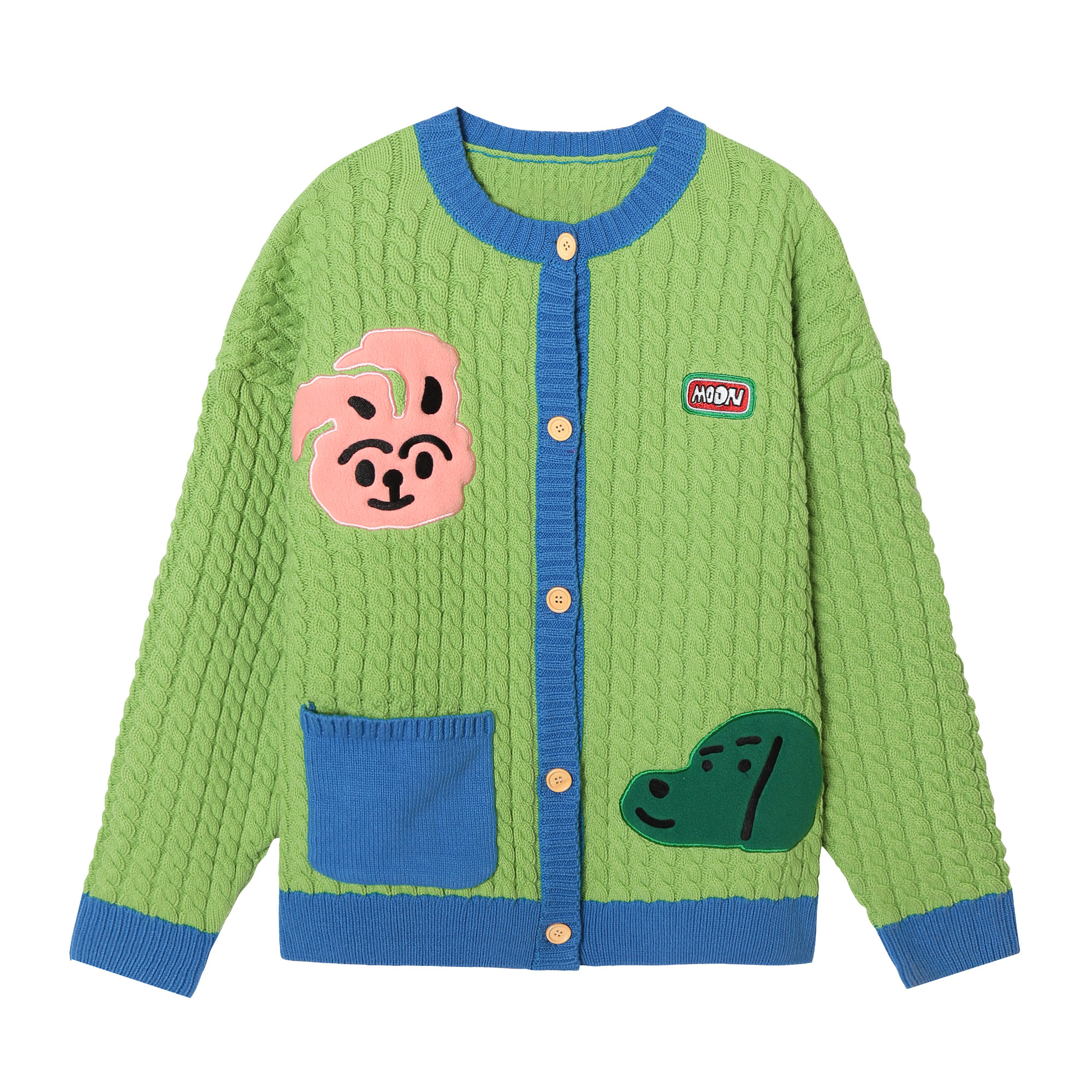 秋冬2022年新款日学院风撞色设计感小众卡通绿色加厚开衫毛衣外套