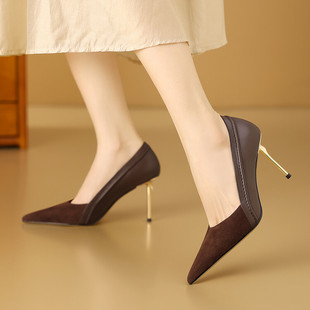 黑色高跟鞋女春季2024年新款法式性感气质尖头浅口真皮小众单鞋
