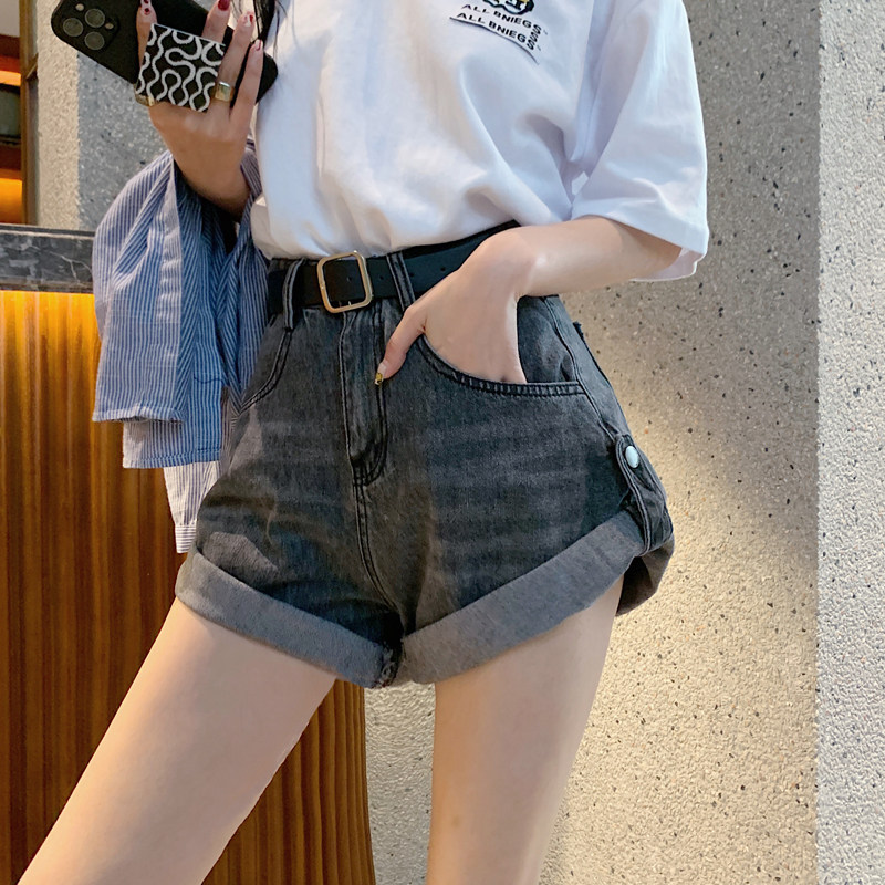 价高腰阔腿牛仔短裤女宽松卷边热裤配腰带,女装牛仔裤,亚美亿尚网络