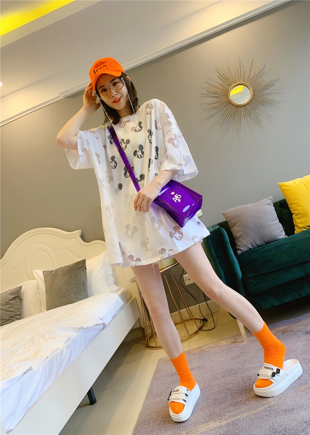 ins超火纯棉网红t恤女短袖中长款大码夏装韩范大码宽松bf米奇上衣