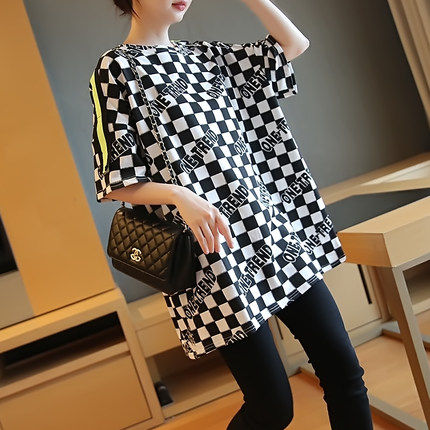 黑白格子t恤女夏季宽松短袖显瘦中长款设计感大码打底衫上衣新款