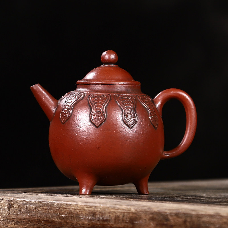 台湾回流紫砂老壶明清代纯全手工独孔三足鼎壶115cc老朱泥小品壶