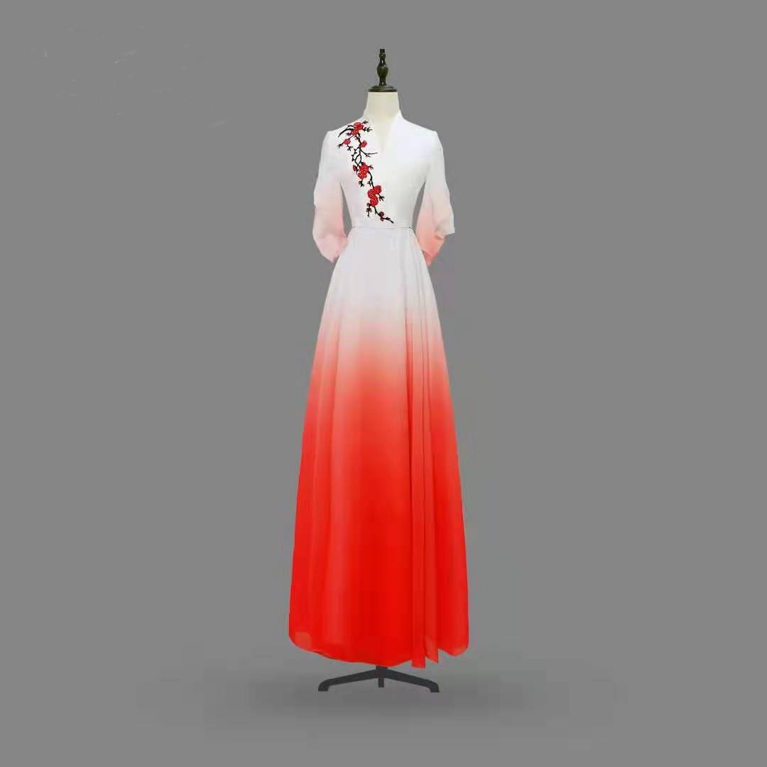 新款大合唱团连衣裙演出服中国风女长裙气质主持人礼服红歌比赛服