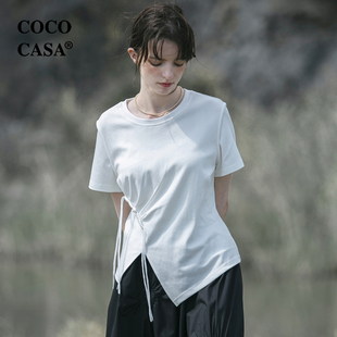 cococasa欧洲站棉短袖国风盘扣t恤女2024夏新小个子设计感上衣潮