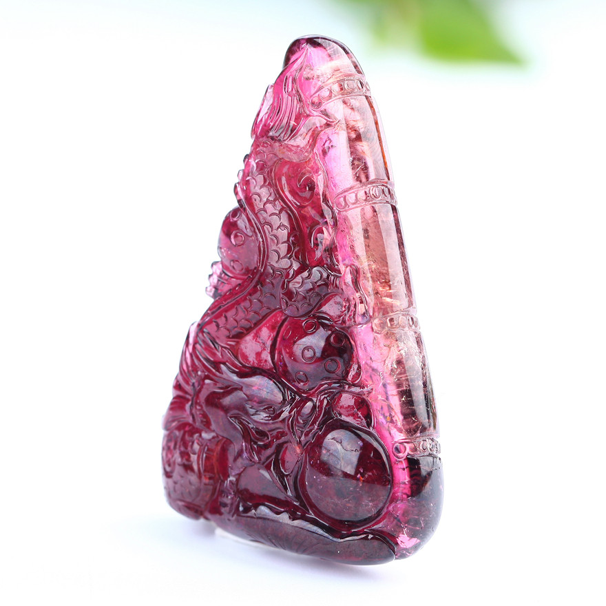 极品天然西瓜碧玺雕刻龙吊坠 重:24.42克 颜色超艳 晶体透