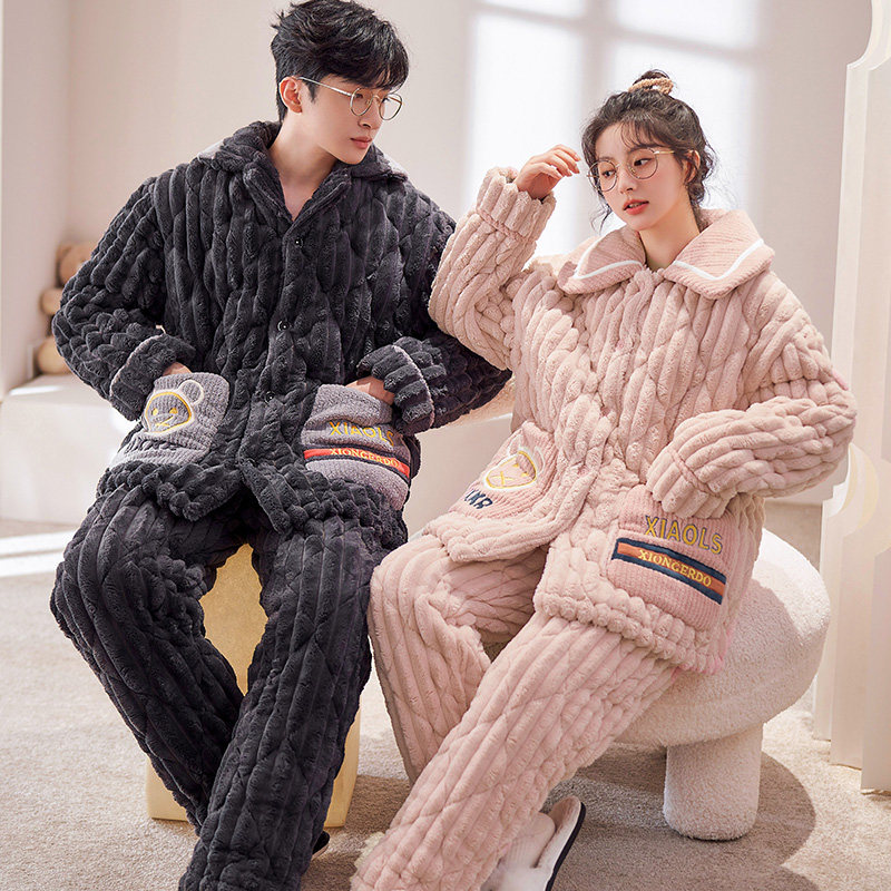 珊瑚绒情侣睡衣女秋冬款加厚加绒三层夹棉男士冬季保暖家居服套装