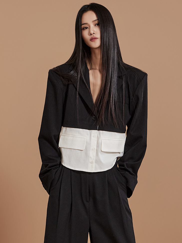 DINT 韩国代购2024春款女装 时尚衬衫拼接短款外套+长裤套装J2160