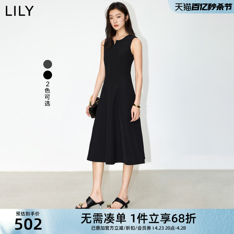 LILY2024夏新款女装气质通勤款复古优雅百搭修身无袖连衣裙小黑裙