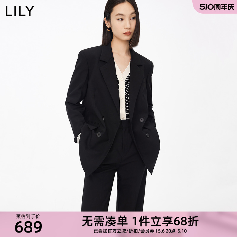 【专柜甄选】LILY女装绵羊毛双排扣宽松黑色西装外套女