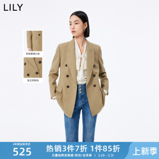 LILY新款女装时尚通勤款复古撞色双排扣修身休闲西装外套女