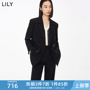 【专柜甄选】LILY女装绵羊毛双排扣宽松黑色西装外套女