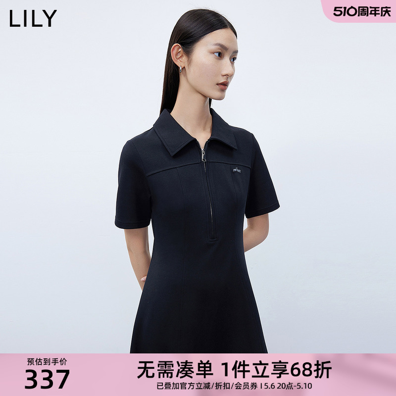 【专柜甄选】LILY女装通勤款复古休闲POLO连衣裙小黑裙