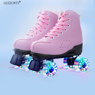 成人男女双排皮款绿色溜冰鞋四轮旱冰鞋粉紫色闪光轮双排轮滑鞋