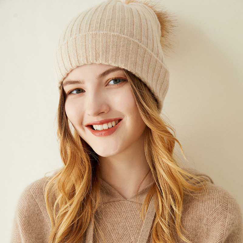 纯羊绒针织毛球帽子女士秋冬季韩版保暖百搭时尚可爱潮毛线堆堆帽