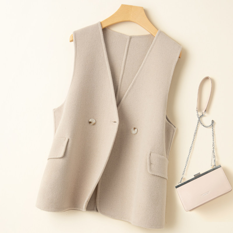 v领双面羊绒马甲女2021年新款韩版宽松呢子外搭毛呢背心外穿马夹