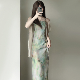 清冷女装复古新中式国风吊带披帛油画感连衣裙江南优雅气质超仙