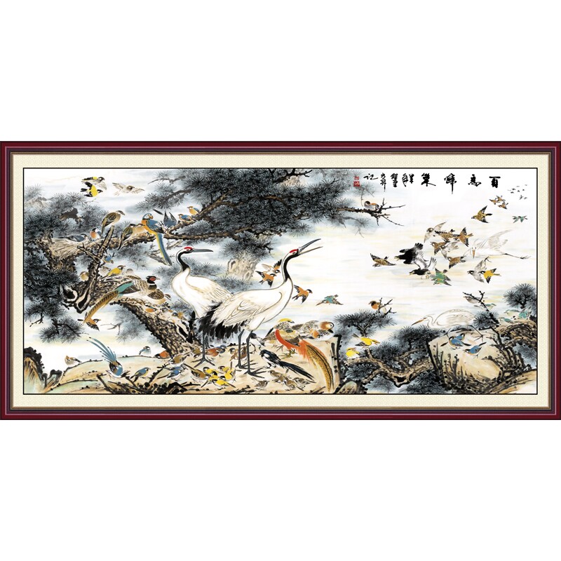 背景墙壁画 现代中式_百鸟归巢图自粘贴画现代花鸟风景中堂客厅新中式