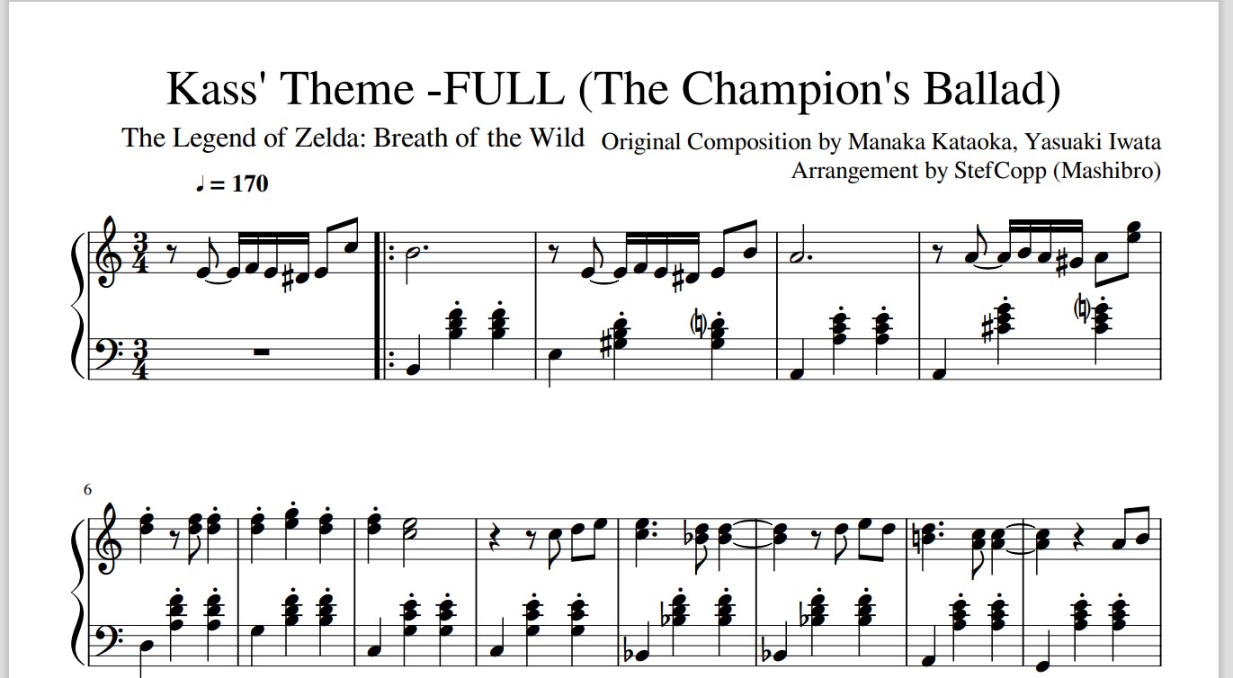 卡斯的主题 满 塞尔达传说荒野之息kass theme钢琴乐谱pdf 音频