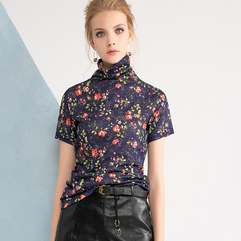 高领五分袖打底衫女2020春装新款修身网纱中袖t恤百搭修身上衣