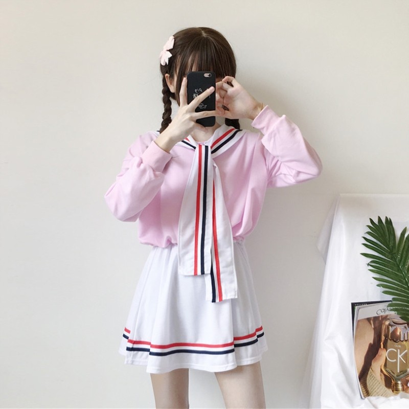 粉色卫衣套装裙 可爱_日系软妹可爱萝莉学院风海军领套头卫衣 a字短裙