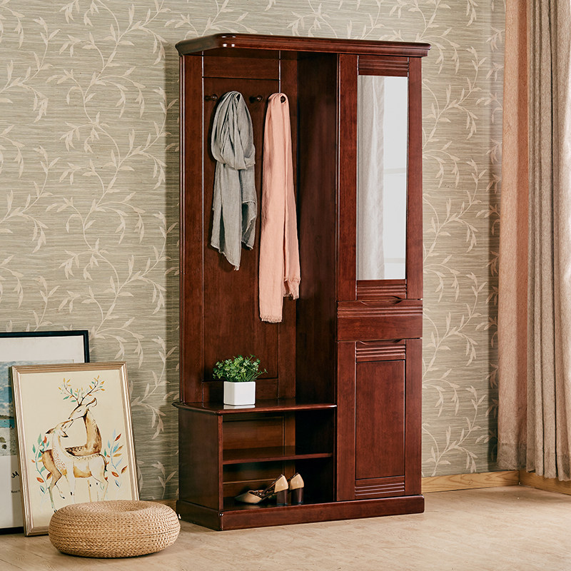 原木色柚木色橡木实木衣帽柜门厅柜鞋柜玄关隔断柜镜子挂衣柜-mc母婴