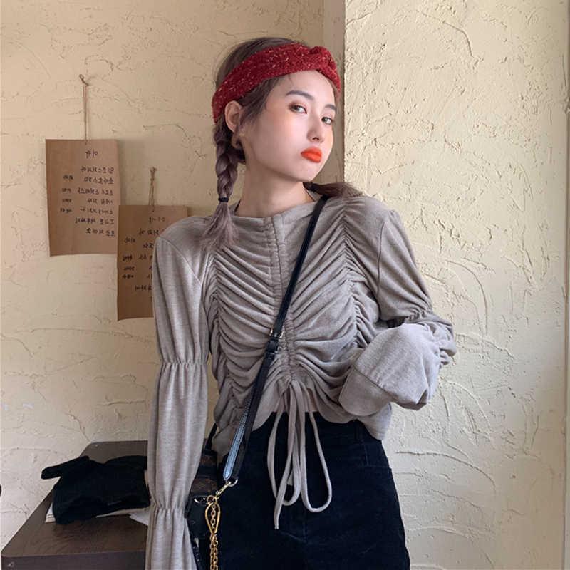 春秋韩版2020新款设计感小众褶皱抽绳修身显瘦短款长袖衬衫女上衣|msdalam kategori Butik wanita / wanita, shirt - dari Buy2taobao.com untuk memberikan perkhidmatan ejen Taobao profesional membeli