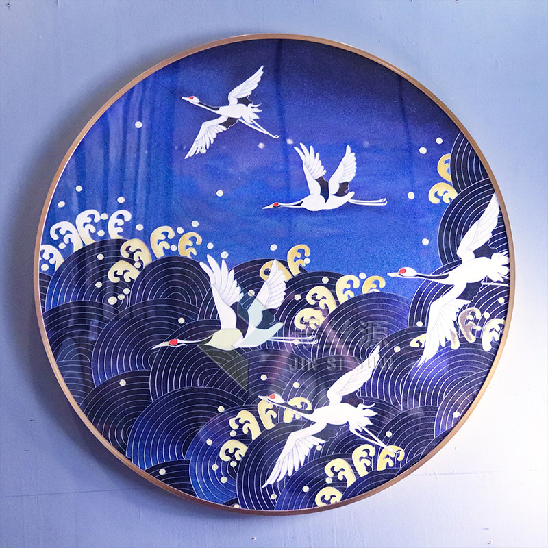 丝源新款手工圆形掐丝珐琅彩画仙鹤客厅装饰画现代装饰画